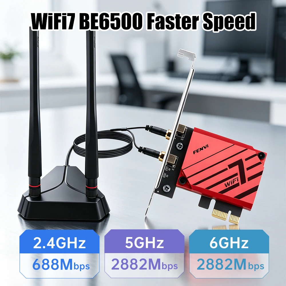 WiFi 7 무선 PCIe 어댑터 5400Mbps 트라이 밴드 6GHz/5GHz/2.4GHz 블루투스 5.4 네트워크 카드(PC 데스크탑용, Windows 10/11)