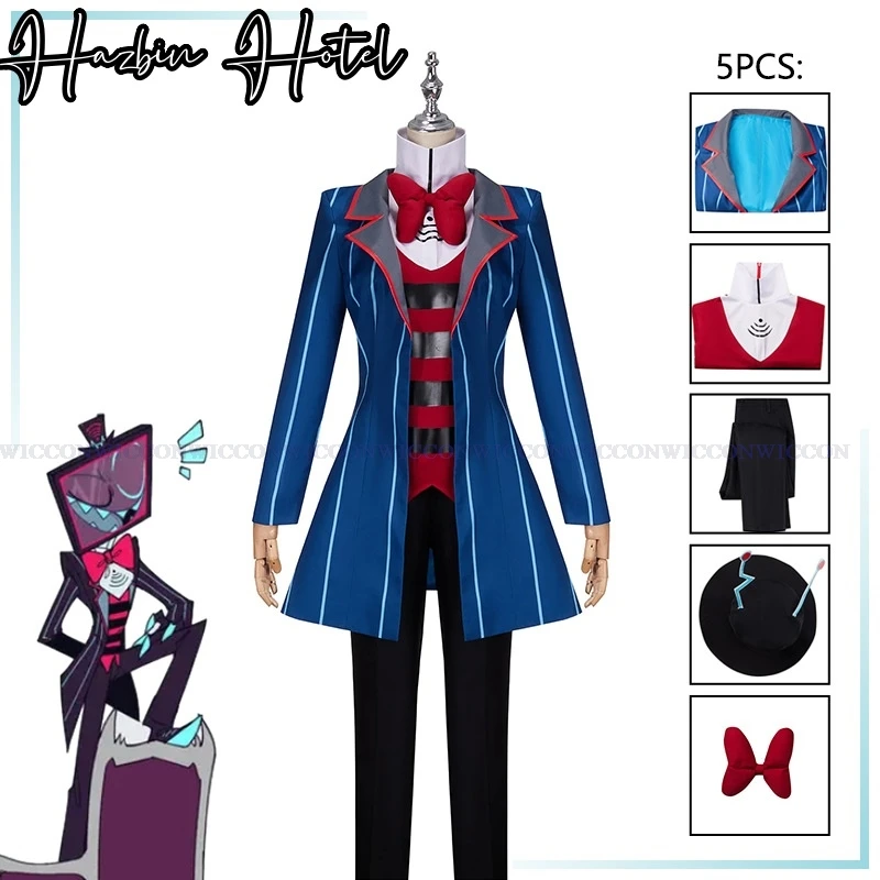 

Anime Hazbin Cos Hotel Cosplay Costume Clothes Hat Uniform Cosplay Coat Bow Tie Trousers Undergarment Halloween Party Unisex Set