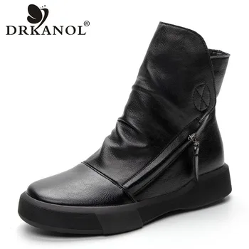 DRKANOL 2023 빈티지 PU 가죽 여성용 부츠, 솔리드 블랙 사이드 지퍼 플랫 앵클 부츠, 겨울 따뜻한 부츠 신발, 패션
