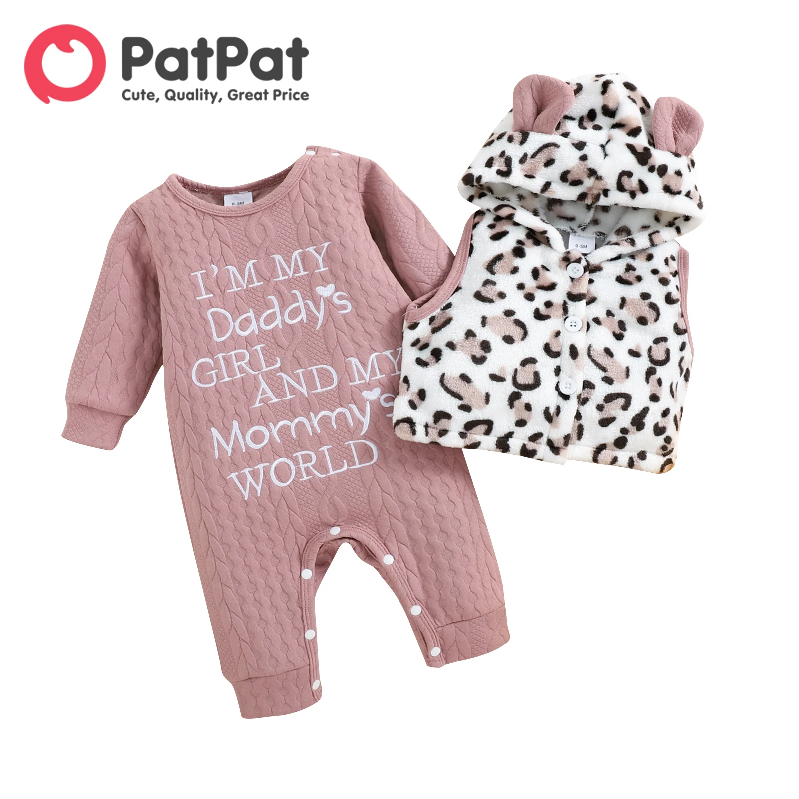 

PatPat 2pcs Baby Girl Letter Embroidered Long-sleeve Textured Jumpsuit and Leopard Fuzzy Vest Set