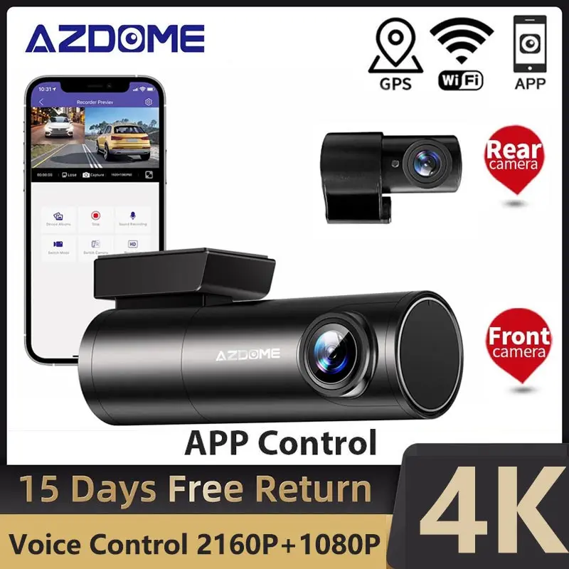 AZDOME M300S 4K Dual Lens Car Camera Voice Control Mini WIFI Car DVR 2160P  Dash Cam Super Night Vision GPS 24H Parking Monitor