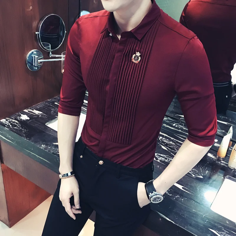Shirts Men Short Sleeve Dress Summer Fashion Camisa Social Masculina Slim Fit Wine Red White Black