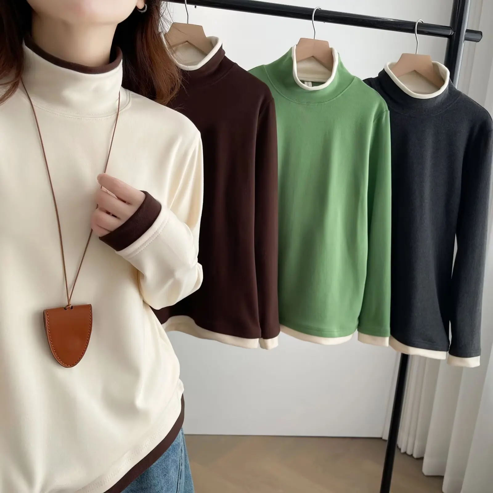 XXXXL Fashion Plus Size Woman Clothing T-Shirt Autumn Winter Simple Color Blocked High Neck DE Velvet Warm Long Sleeve Tops 2587