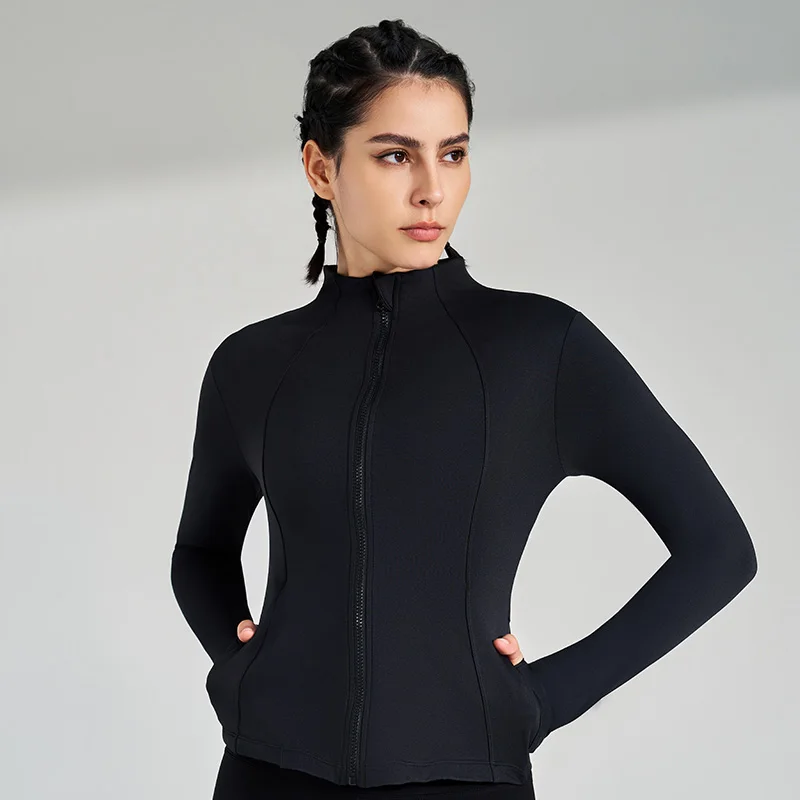 New Solid Color Women's Yoga Jacket Waist Tight Top Outdoor Jogging Exercise Jacket Training Clothes With Thumbtacks 4