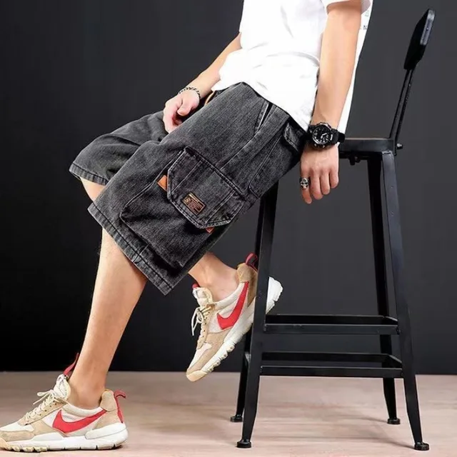 Pantalones cortos de mezclilla para hombre, rectos, holgados con texto, pantalones vaqueros cortos sueltos para hombre, venta de verano, pantalones finos para hombre, pantalones vaqueros masculinos con cintura elástica 1