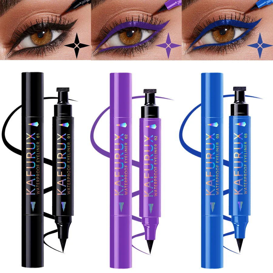 3 Colors Double Head Star Seal Eyeliner Waterproof Stamp Pen Black Blue Purple Eye Liner Pencil Fast Drying Lazy Eye Makeup 4