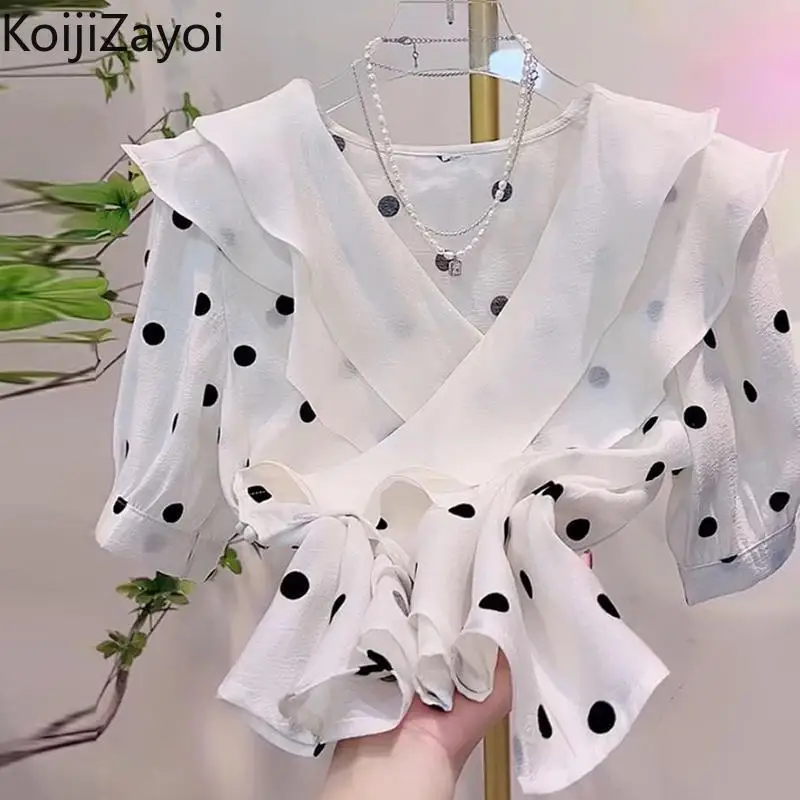 

Koijizayoi Chiffon Korean Women Blouse 2022 Summer Short Sleeve Ruffed Polka Dot Shirt Female New Daily Outwear Chic Cropped Top