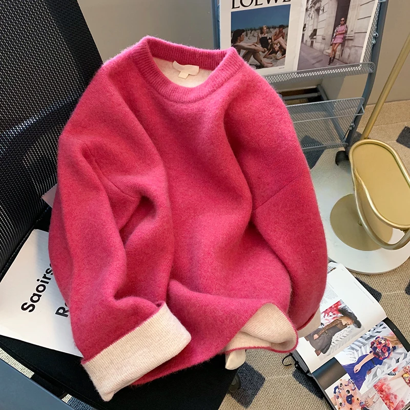 

Women's Pink Sweaters Autumn Winter O-neck Cozy Loose Knit Pullovers Korean Girls Outerwear Tops Ladies Sueter Mujer