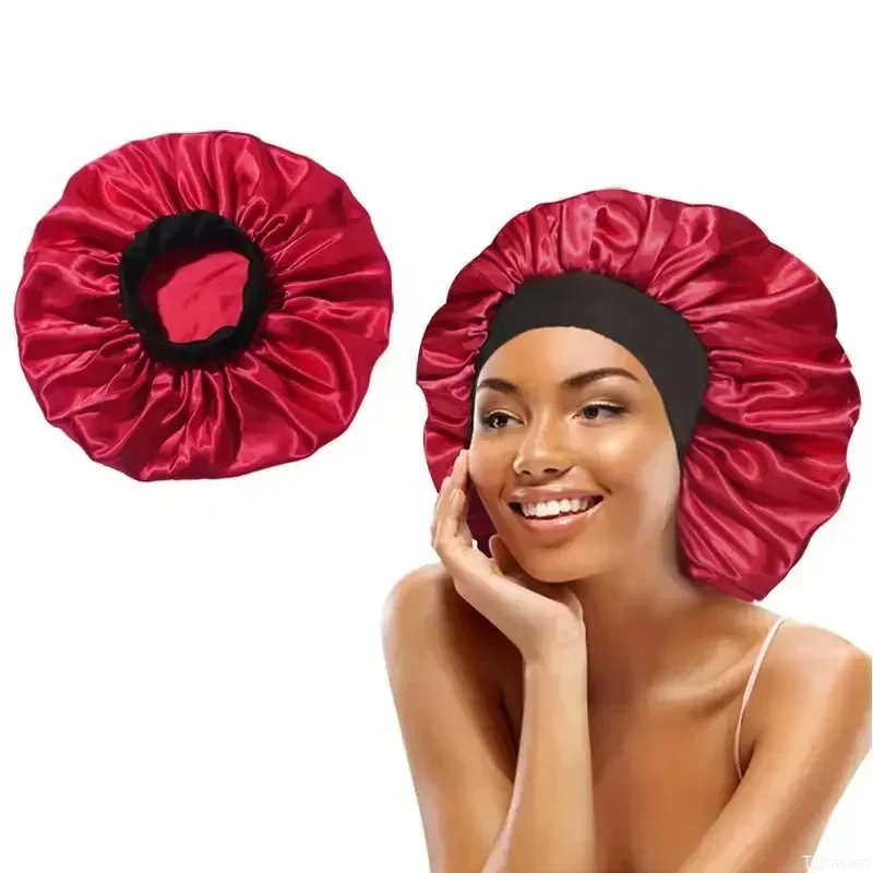 Women Night Sleep Hair Caps Silky Bonnet Satin Double Layer Adjust Head Cover Hat Shower Cap for Curly Hair Styling Accessories 4