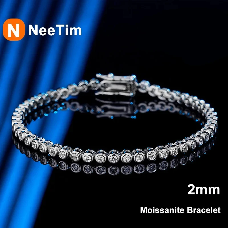 NeeTim Moissanite Tennis Bracelet 2mm White Gold Plated 925 Sterling Silver D VVS1 Lab Diamond with GRA Fine Bracelets For Women