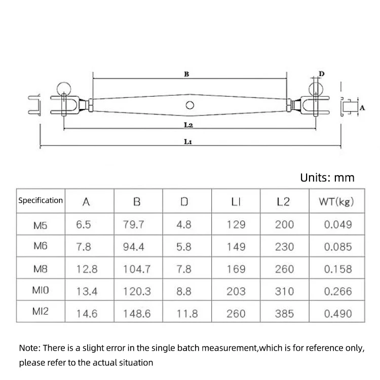 Turnbuckle Stainless Steel Jaw and Jaw Turnbuckle Rigging Screw Closed Body Turnbuckle Jaw for Marine Grade M5 M6 M8 M10 M12 M16