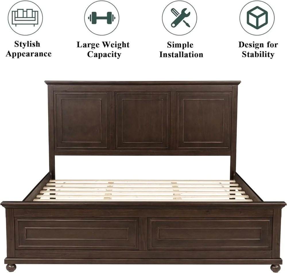 King Size Platform Bed with Tall Headboard & Footboard, Pinewood King Bed Frame with Wood Panel 6