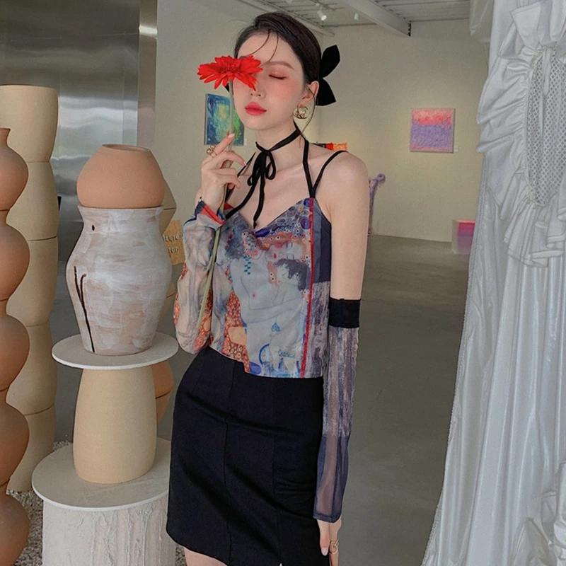 

2023 Summer Female Camisole Hand-painted Y2k Lace-up Asymmetrical Patchwork Printing with Sleeve Free Shipping