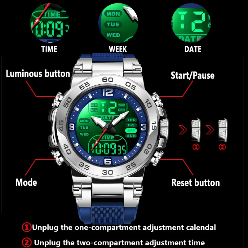 FOXBOX Dual Display Watch Men Silicone Sports Waterproof Men's Quartz Wristwatches FashionLED Backlit Dual Time Watch For Men