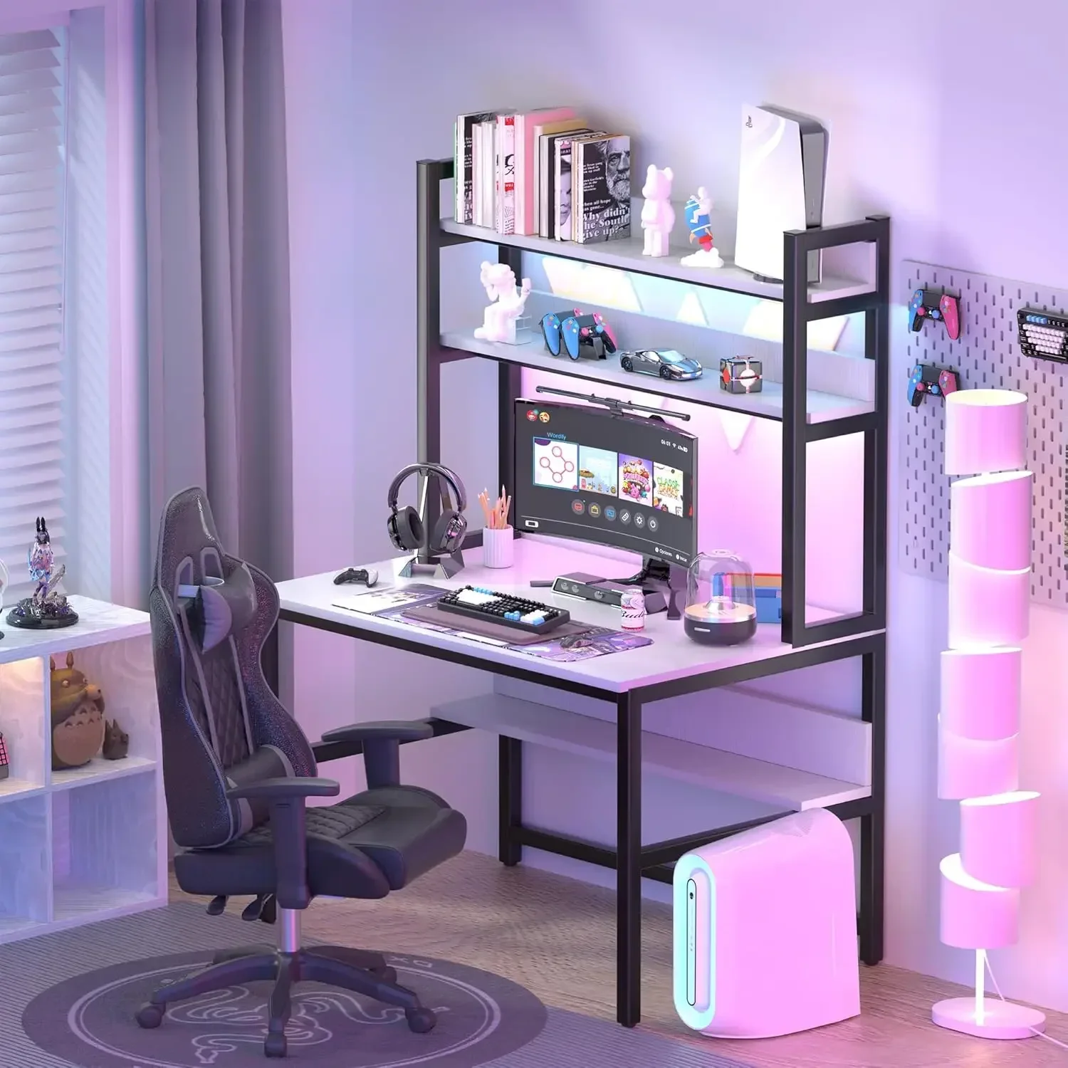 Study Desk for Bedroom, 47" Gaming Desk with Hutch and Bookshelf, White Teen Desk Study Table for Space Saving 3