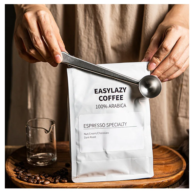 Two-in-one Stainless Steel Coffee Spoon Seal Clip Kitchen Coffee Scoop Food Seal Clip Multi-function Coffee Bean Measuring Spoon