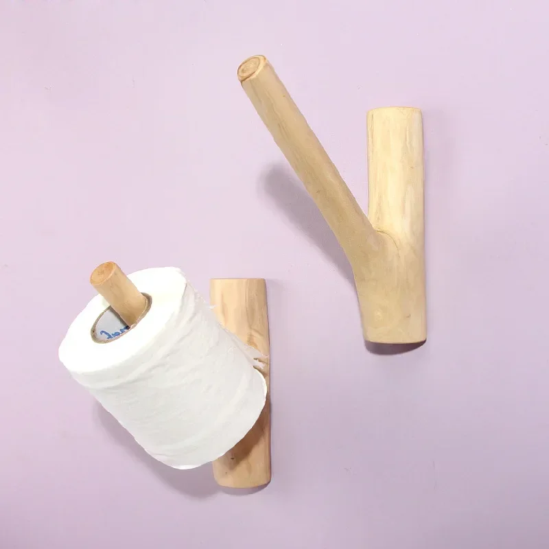 Creative Log Branch Hook Paper Roll Hanger Hole Free Paper Towel Rack Living Room Kitchen Bathroom Wall Hanging Towel Rack