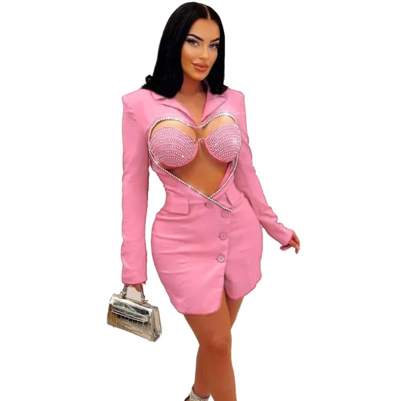 

Chic Two Piece Women Set Bazin Long Sleeve Suit Mini Dress Diamond Heart Slim Fit Sexy Solid Color African Suit Summer Autumn