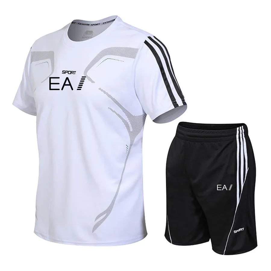2025 Men's fashion fast drying short-sleeved T-shirt + shorts two-piece summer breathable leisure fitness jogging suit 3
