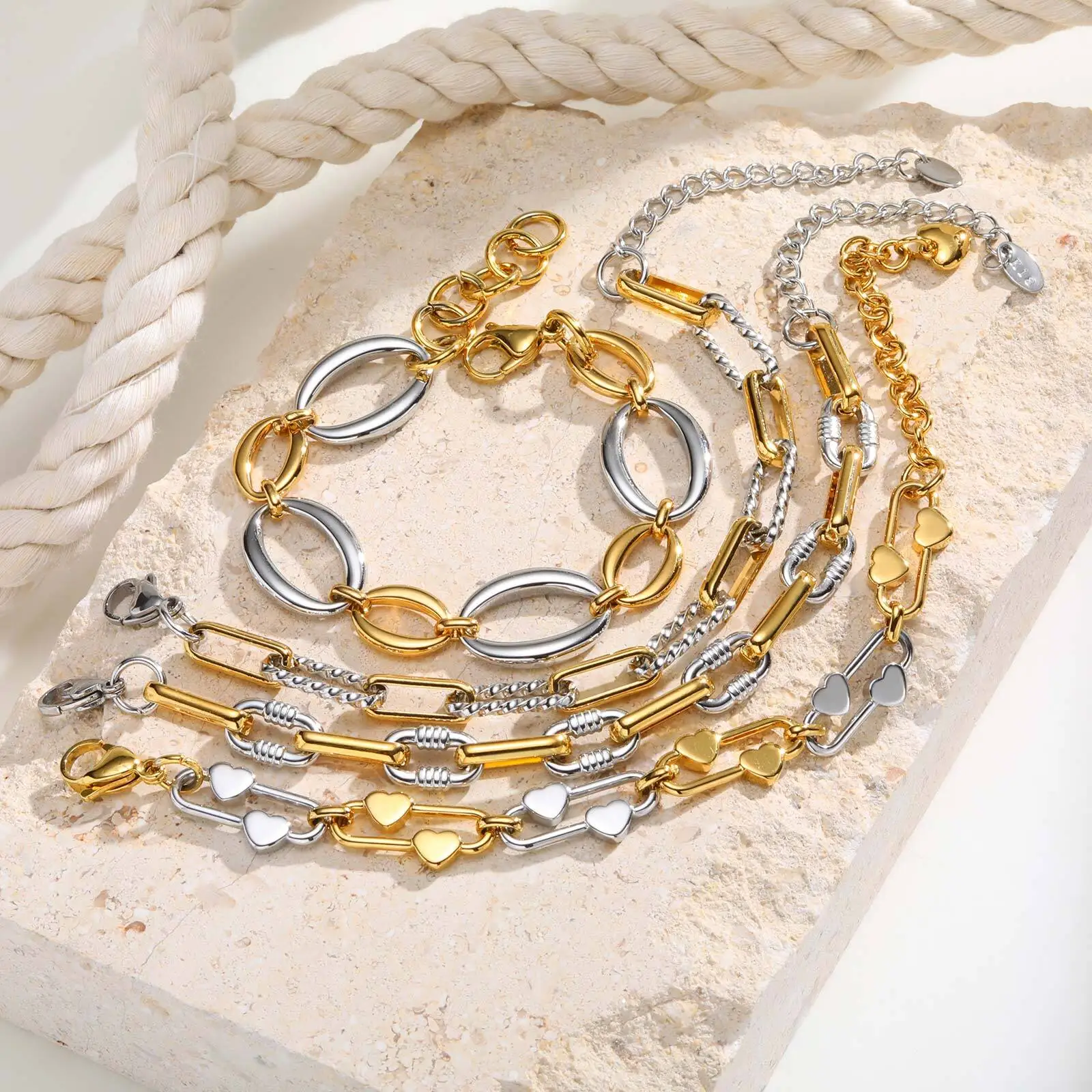 Chunky Two-Tone Mixed Metal Chain Bracelet - Stylish Adjustable Stainless Steel Waterproof Wristband
