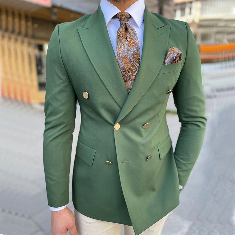 Hunter Green Men Suits Seperate Peaked Lapel Double Breasted Blazer
