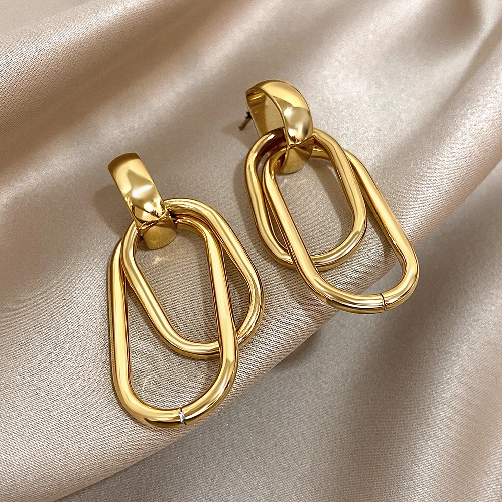 Mode Edelstahl Gold Silber Farbe Tropfen Ohrringe für Frauen Glänzend Doppel Schicht U-förmigen Anhänger Ohrringe Schmuck Geschenke – Detail 5