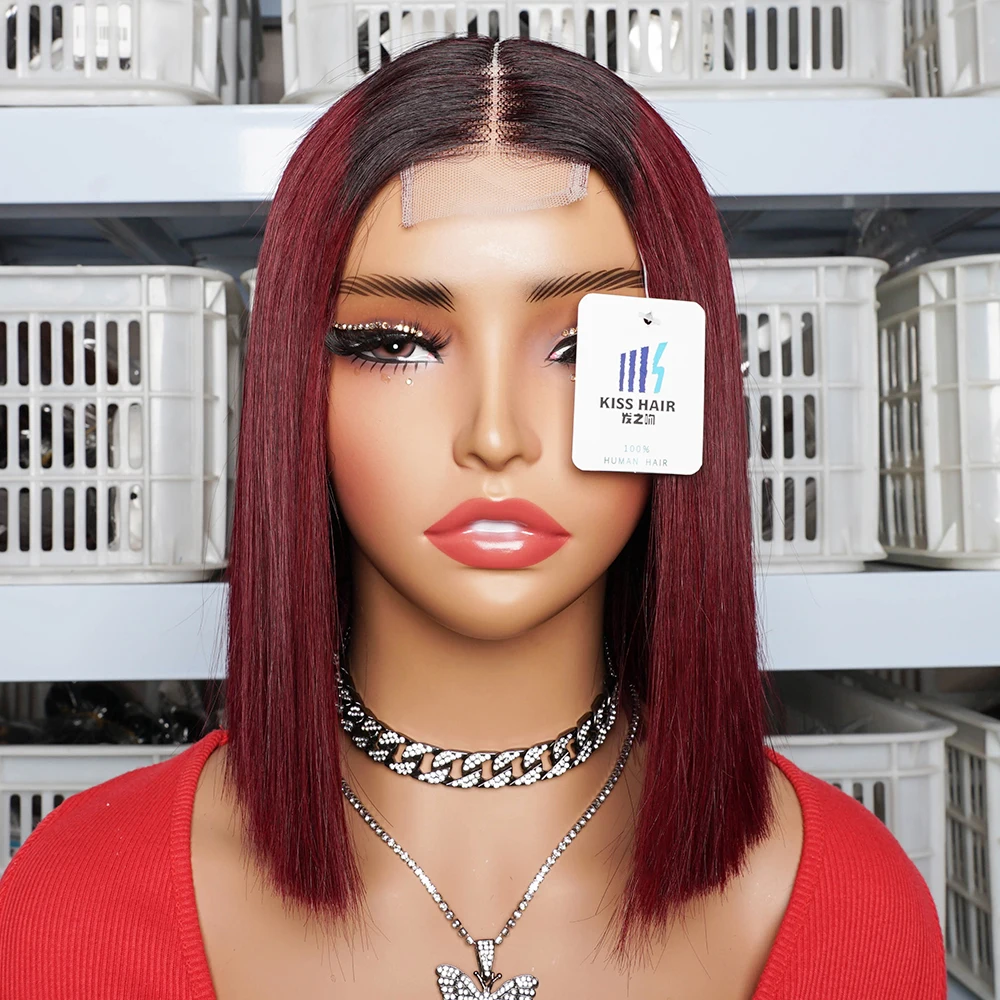 300% Bone Straight Short Bob Wig T1B/99J Ombre Color 2*4 Lace Closure Wig Double Drawn Vietnamese Human Hair Middle Part Wigs 2