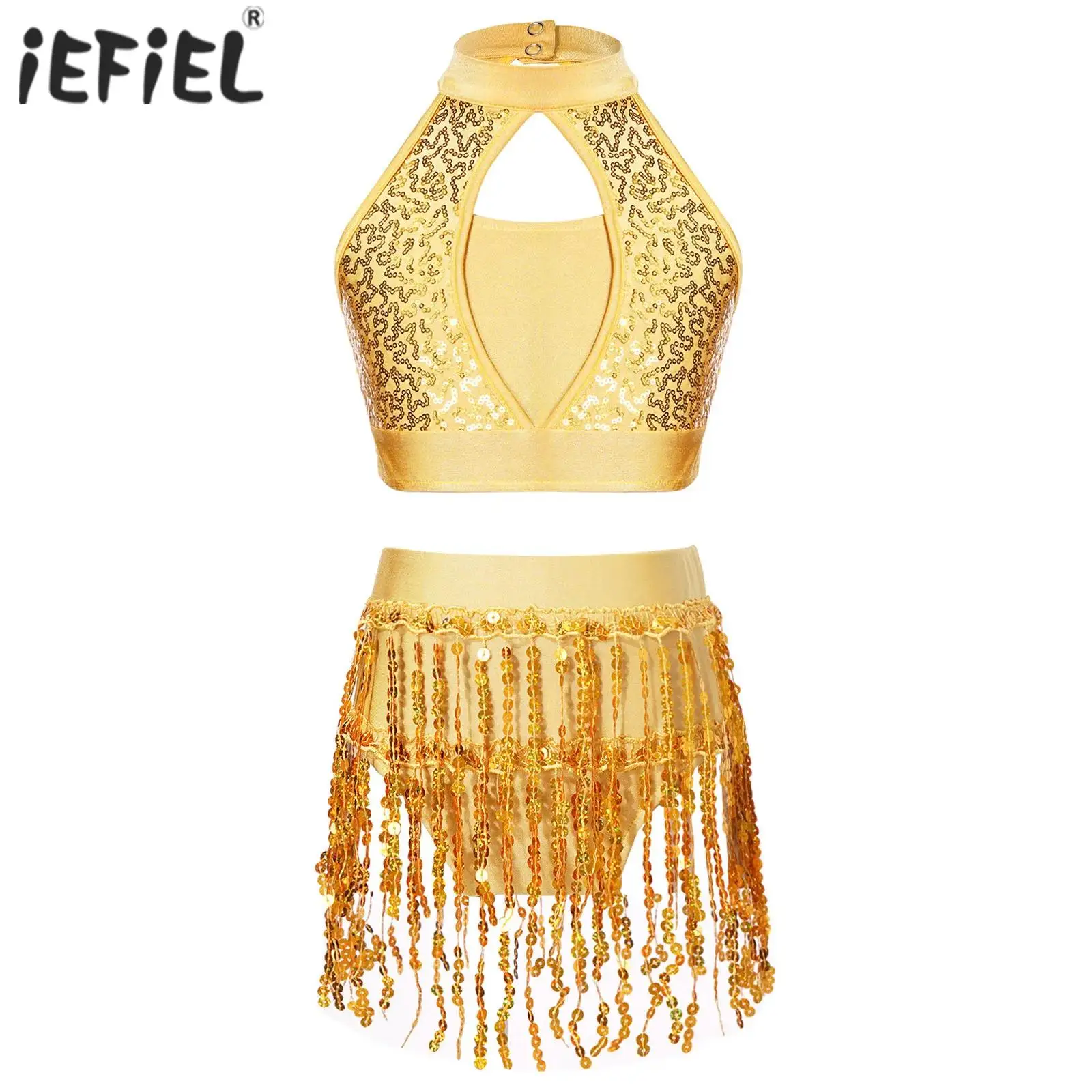 Kids Girls Jazz Latin Samba Dance Performance Costume Sequin Dance Outfit Hollow Halter Top Sequin Fringe Shorts Suit