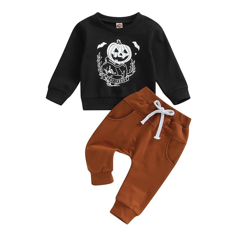 

Bmnmsl Toddler Boy Autumn Clothes Set, Pumpkin Print Long Sleeve Crew Neck Sweatshirt + Elastic Waist Trousers Halloween Outfits