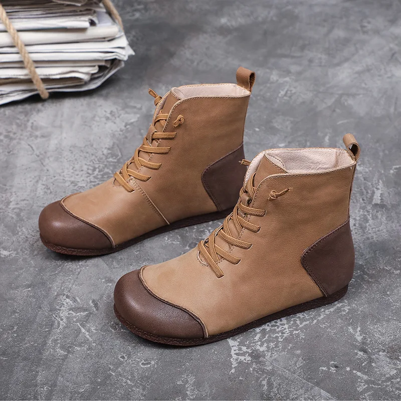 

Retro Women Boots Genuine Leather Flat With Round Toe Elastic Band British Style Korean Style Ethnic Ankle Splicing Womens Shoes