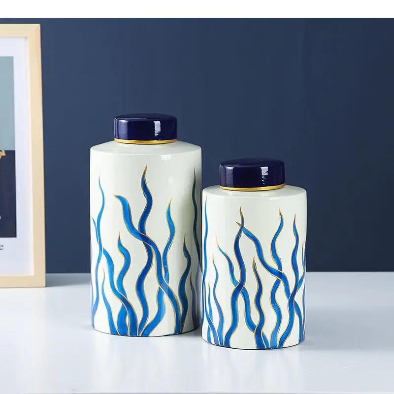 

Blue Seaweed Painted Ceramic Jar Gilded Porcelain Bottle Storage Jars with Lids Modern Tea Caddy Candy Pots Cereal Dispenser