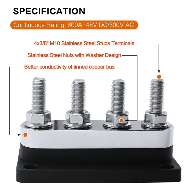 버스 바 고전류 구리 버스 바 터미널 블록, 마린 DC 12V 24V 48V, 커버 포함, 블랙, 2X 600A, 4 스터드 (3/8 인치) M10