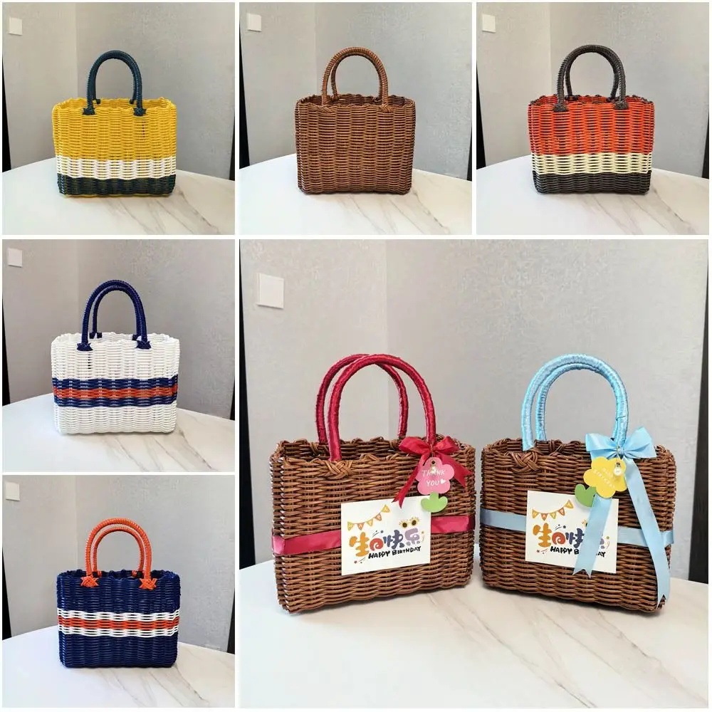 New Imitation Rattan Storage Basket Square with Handle Hanging Baskets Plastic Hand-woven Woven Handbag Flower