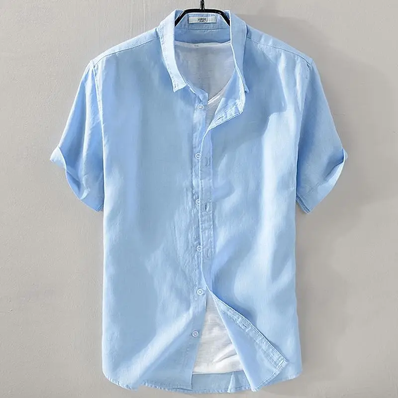 Summer Henry V Neck Button Down Shirt Soft and Comfortable Men's Casual Hawaiian Shirt Solid Color White Black 2