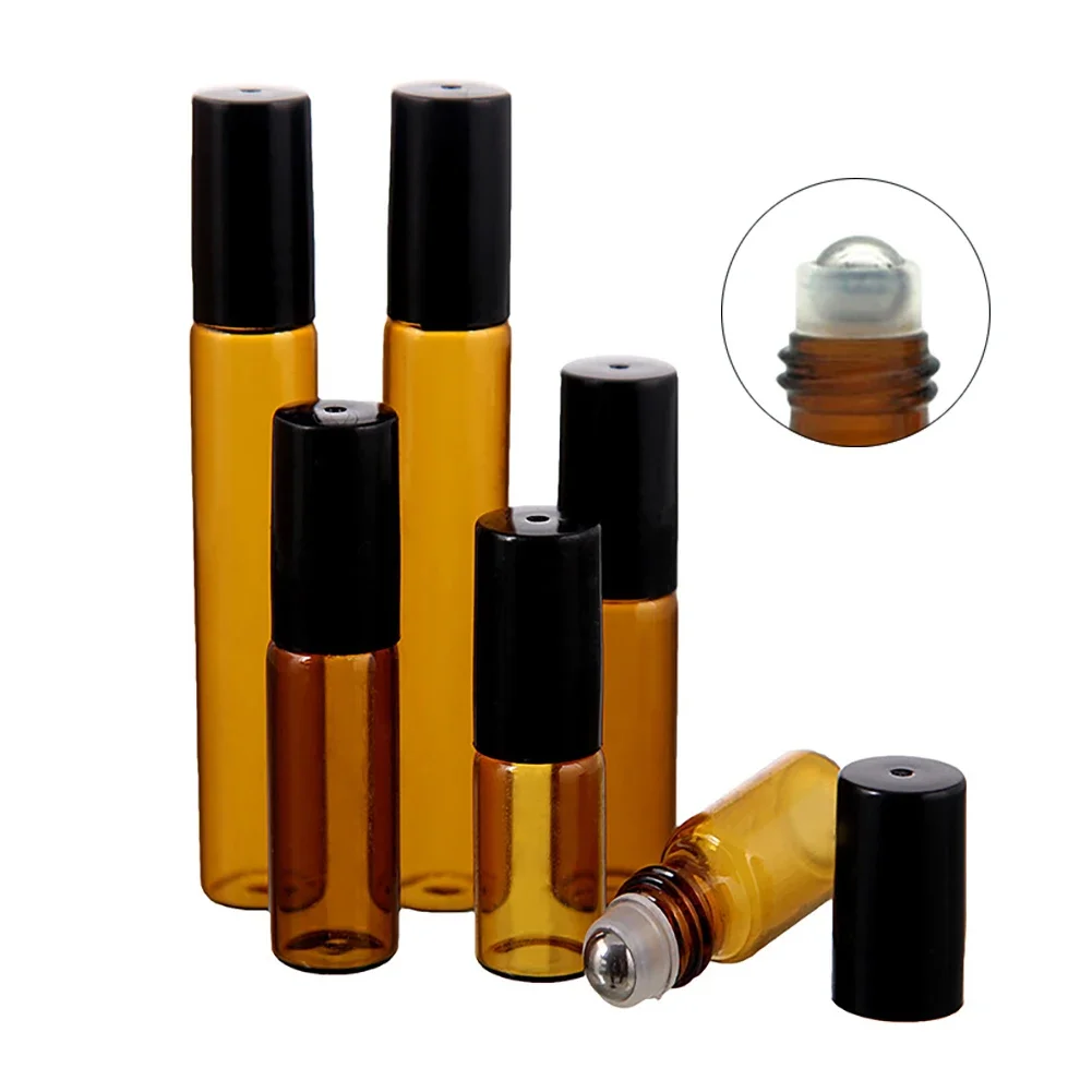 5pcs/lot 1ml 2ml 3ml 5ml 10ml Amber Glass Doterra Essential Oil Roll on Bottles TestVials Steel Ball Containers