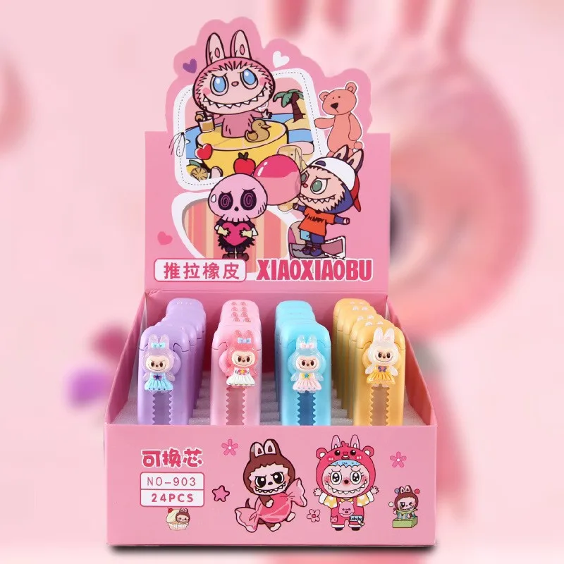 24pcs 디즈니 스티치 푸시-풀 지우개 Labubu Capybara Sanrio 쓰기 그리기 연필 지우개 편지지 사무실 학교 용품