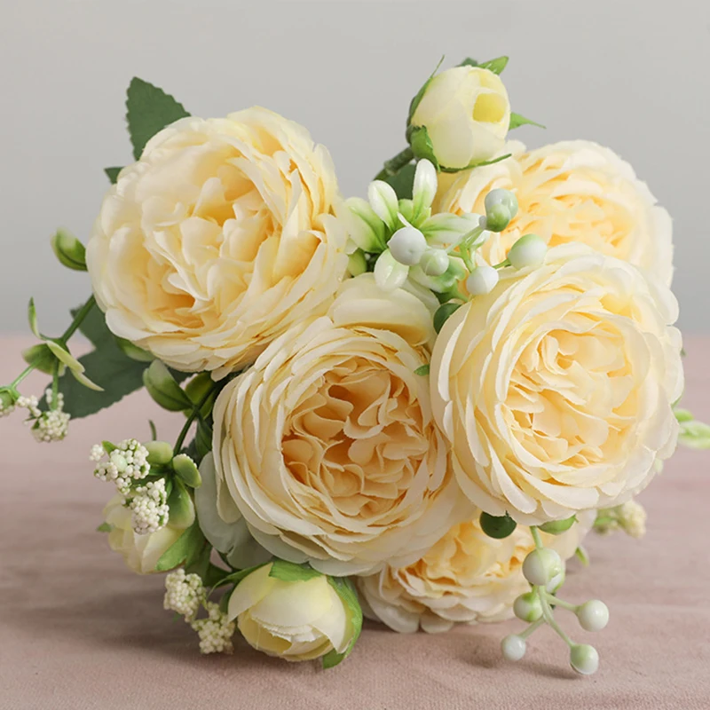 Description Picture 3 of itemHot Selling 1pcs/30cm Rose Pink Silk Bouquet Peony Artificial Flower 5 Big Head 4 Small Bud Bride Wedding Home Decoration