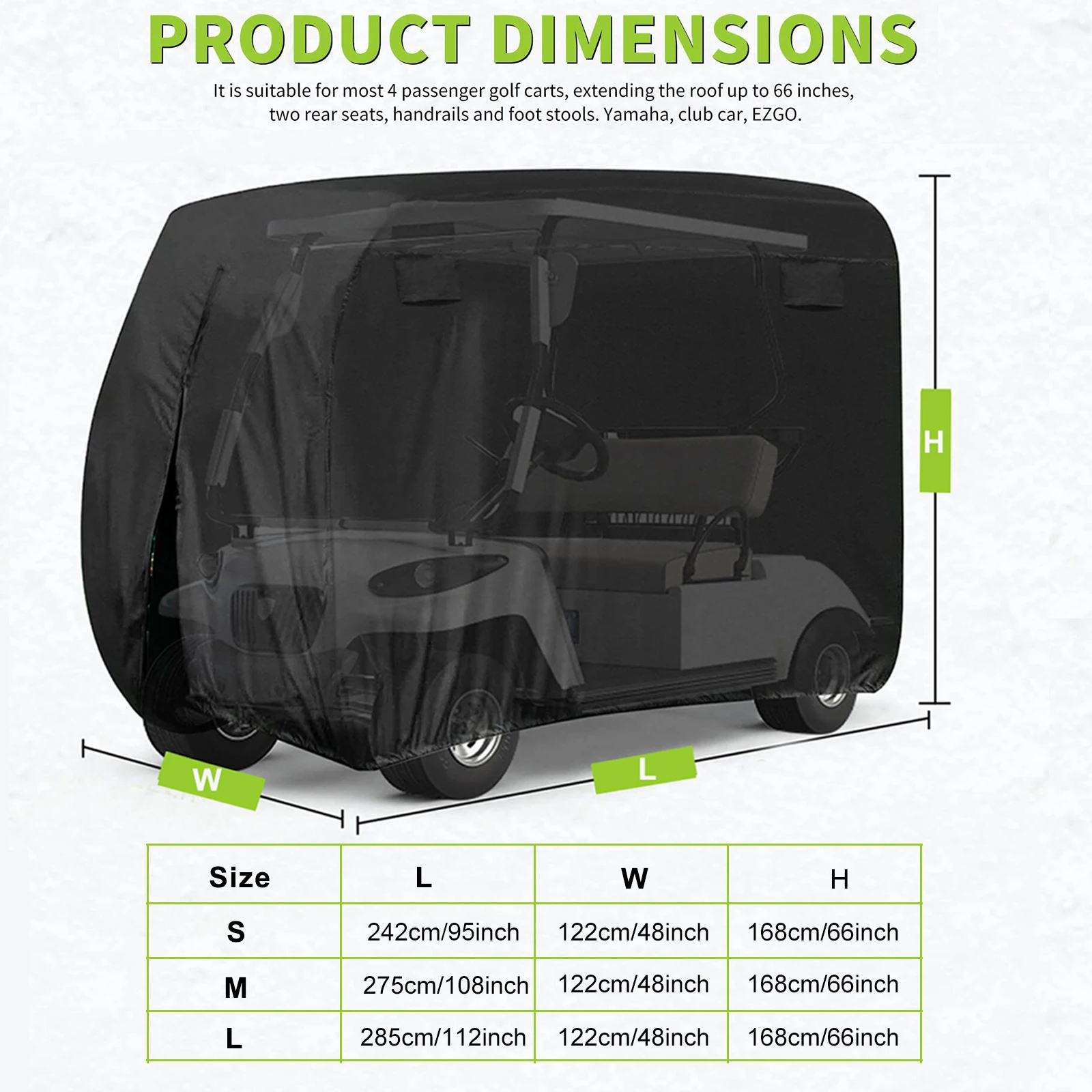 Golf Cart Cover 210D Waterproof Universal Fits Most Brand 2/4 Passenger Sunproof Dustproof Outdoor Zipper