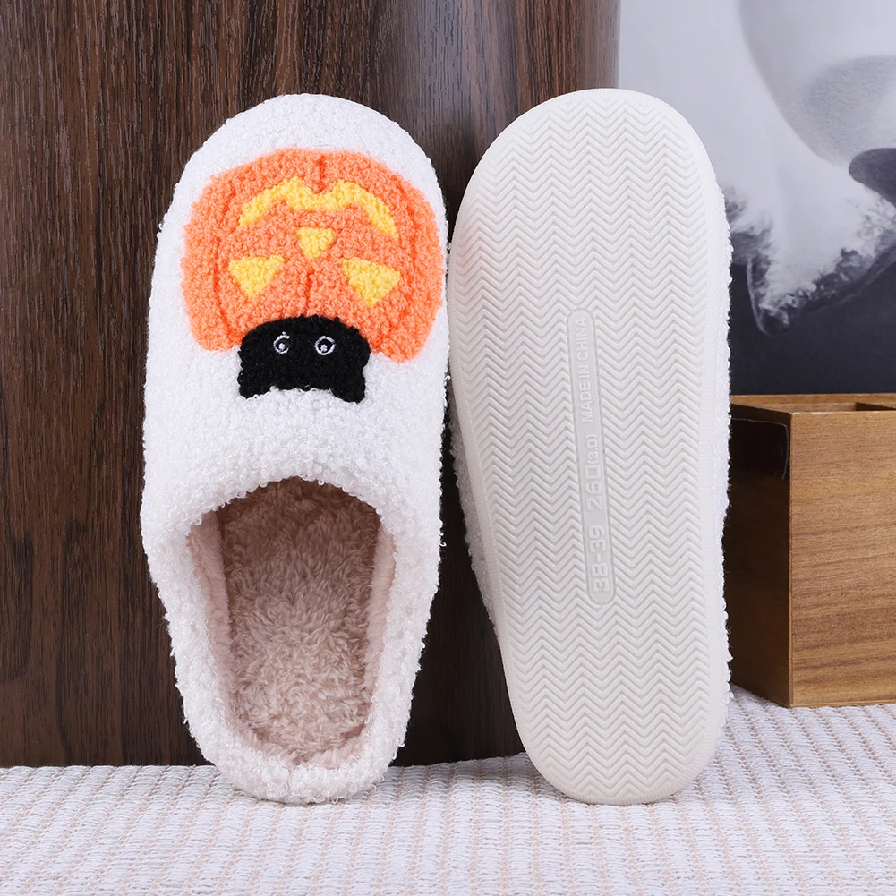 Plush Slippers For Women Men Cotton Slippers With Pumpkin Ghost Face Pattern Winter Warm Shoe Home Indoor Floor Non Slip Slipper