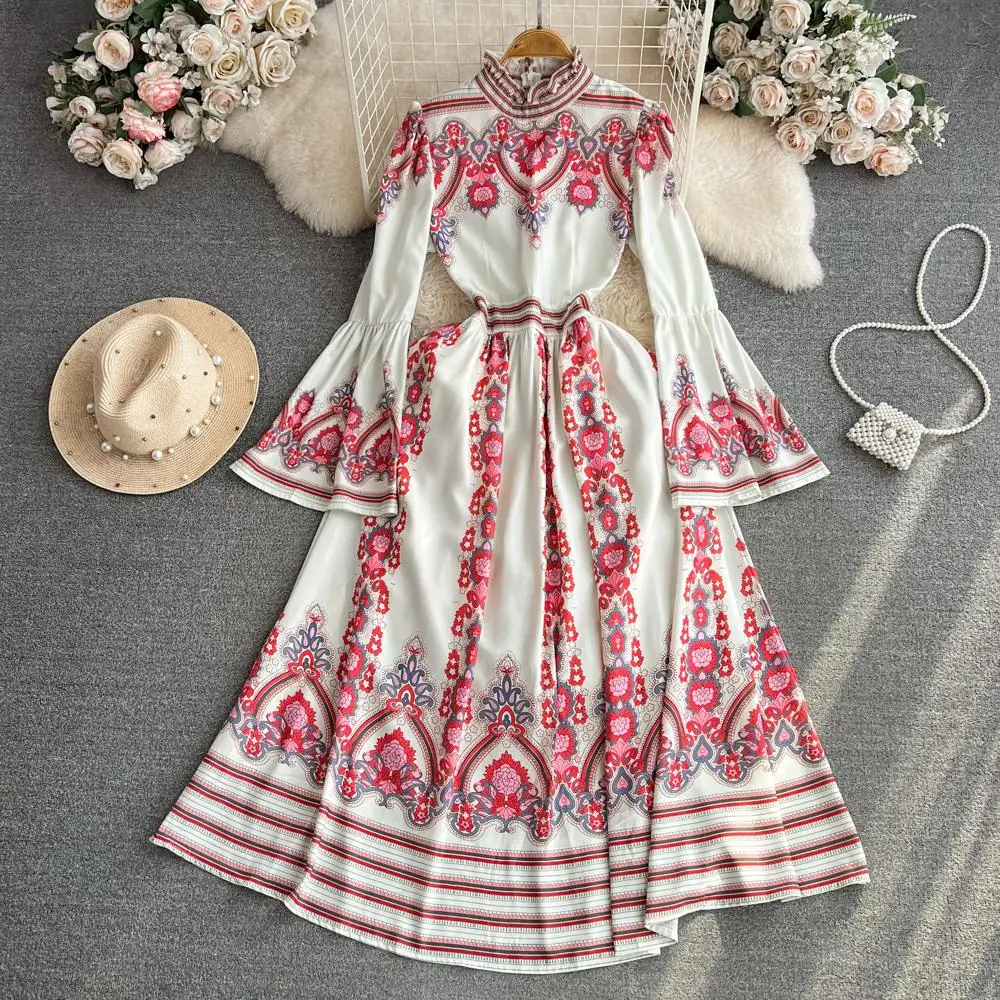 

Women's Flare Sleeve High Waist Vintage Printed Long Party Vestidos Autumn Fashion Runway Stand Collar A-Line Maxi Vestidos