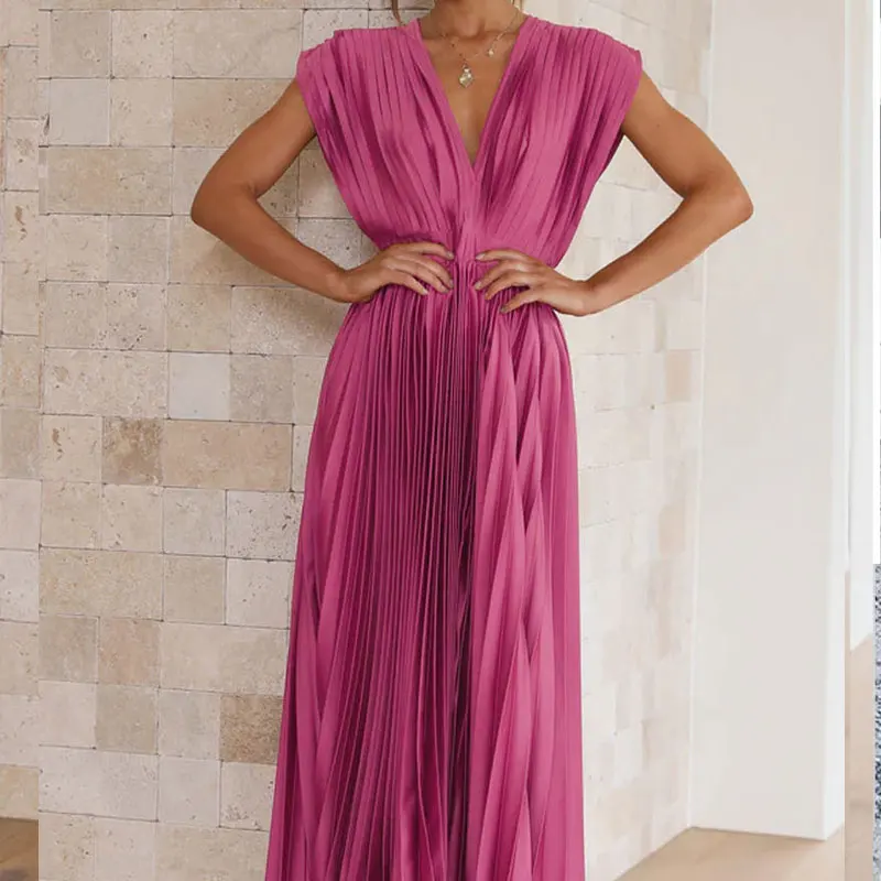 

Sexy Vintage Women's Clothing Temperament Pleated Elegant Casual Korean Fashion Loose Solid Dresses V-neck Pullovers Long Sleeve