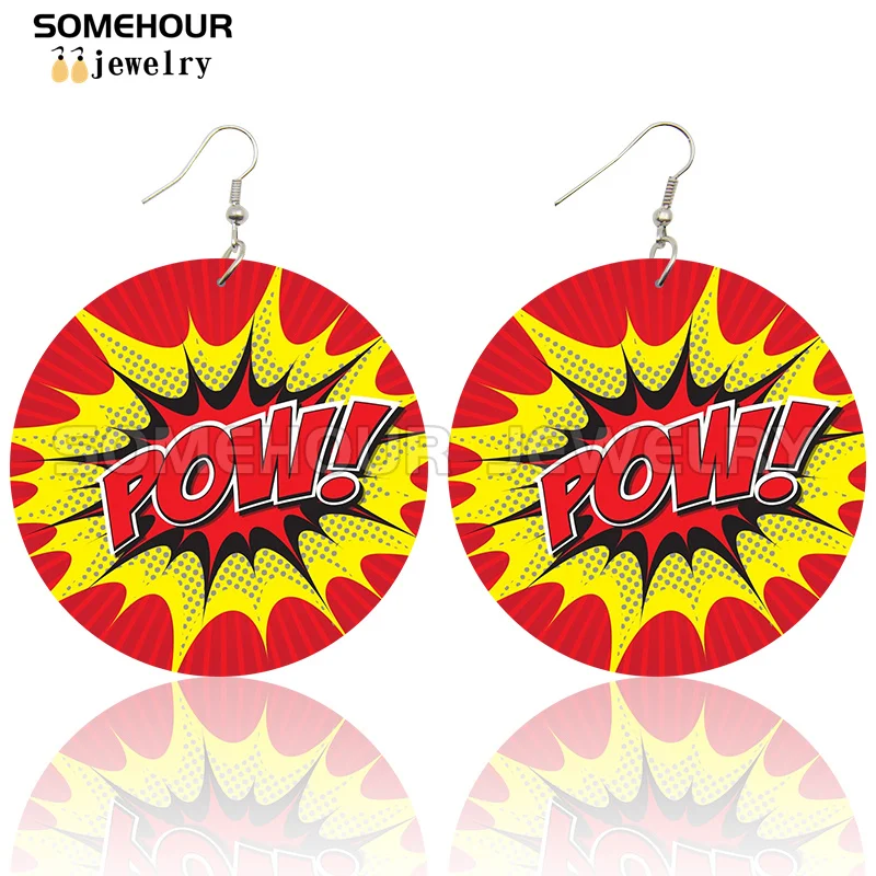 SOMEHOUR Love Queen Boom Comic Print Wooden Drop Earrings OMG LOL Bubble Cartoon Cute Pop Loops Dangle Jewelry Women Girls Gift