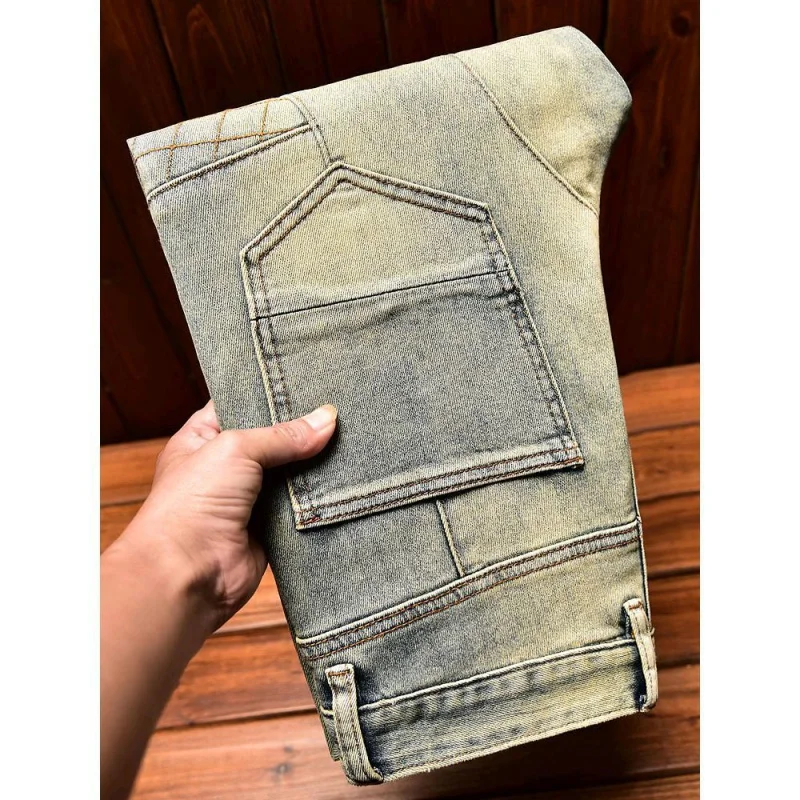 New trendy brand jeans for MEN'S motorcycle water wash retro slim fit straight leg elastic trendy and versatile denim pants