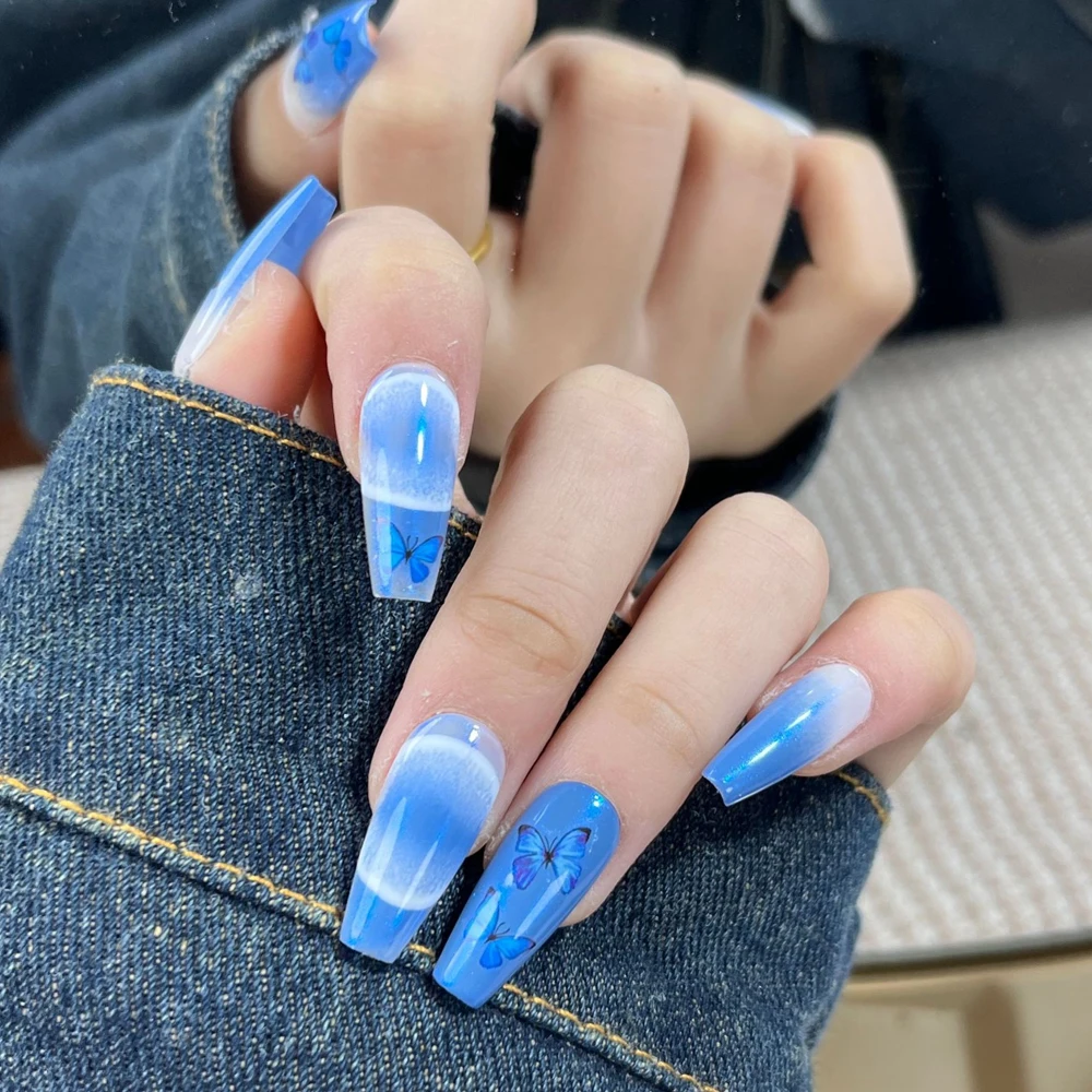 10 Pcs Blue Butterfly Design Handmade Fake Nails Luxury Wearable French Coffin Long Full Cover Press On Nails Cute y2k Nail Tips