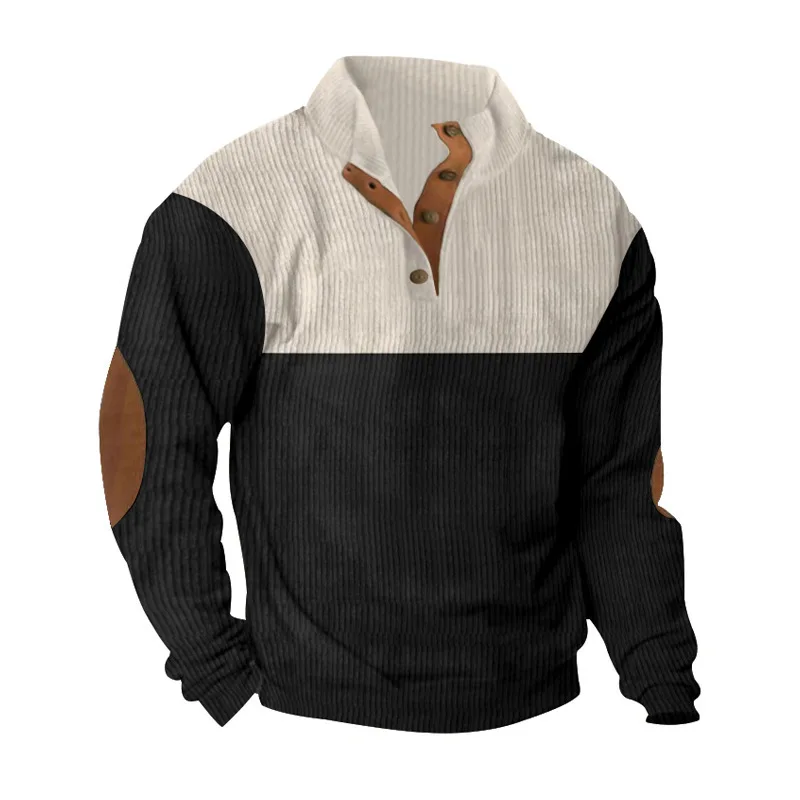 Men's Hoodies Spring And Autumn Corduroy Casual Patchwork Stand Collar Button Sports Hoodie Man Clothing
