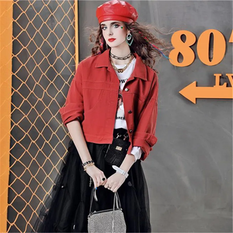 

Women Denim Jacket Temperament Vintage Flowers Bull Head Embroidered Pocket Jeans Short Jackets Loose Black Coats Streetwear