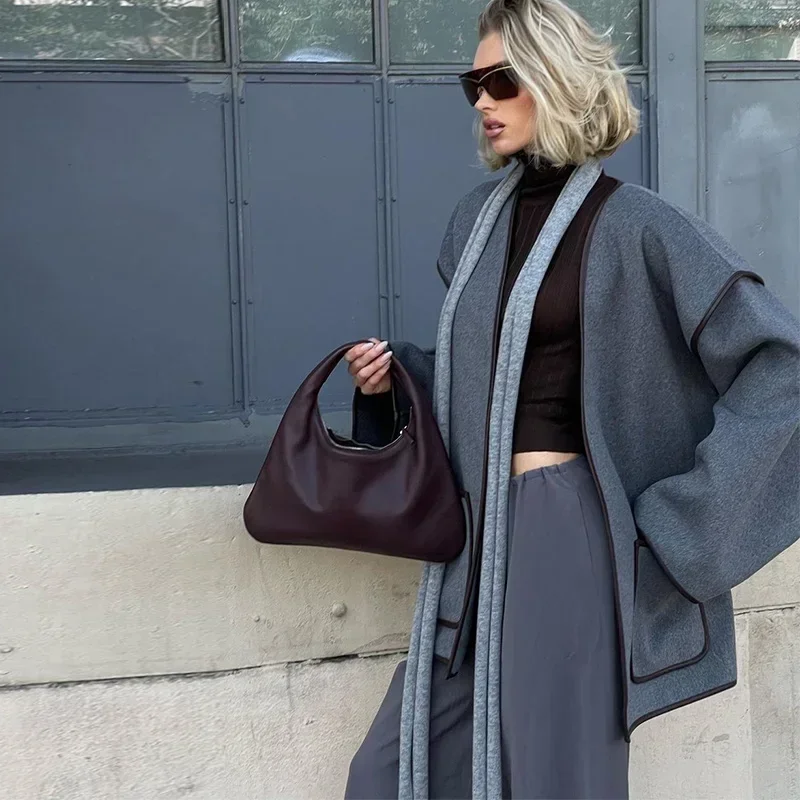 Elegant Patchwork Belt Women's Coats Women Contrast V-neck Long Sleeve Pocket Female Overcoats Autumn Lady New in Outwear