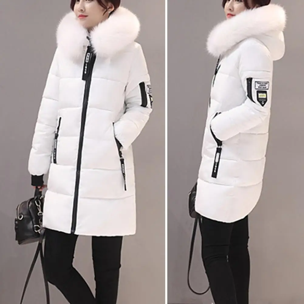 Warm Winter Coat Windproof Hooded Winter Cotton Coat with Zipper Pockets for Women Thickened Padded Mid Length Down Coat Warm 2