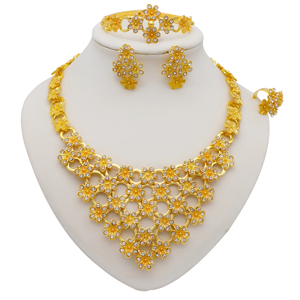 red american diamond necklace set Ethiopia Dubai 24K Gold Color Jewelry Sets For Women Luxury Necklace Earrings Bracelet Ring India African Wedding Gifts earrings and tikka set under 200 Fashion Jewelry Sets