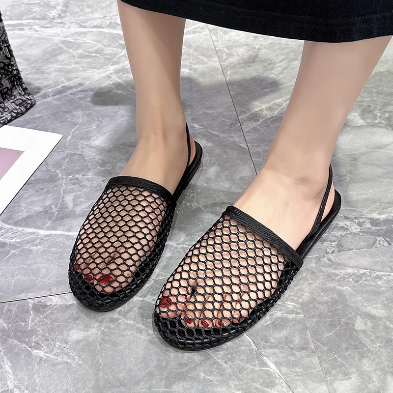 Europe and The United States Hollow Mesh Small Weave Roman Sandals New Fashion All Round Head Flat Baotou Drag Female